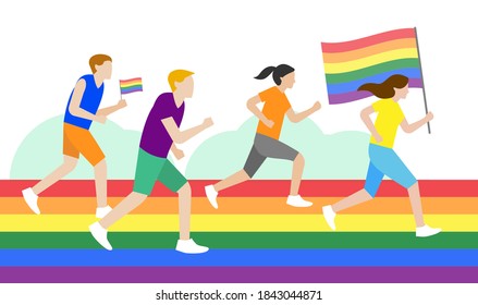 People wearing colorful clothing running over a rainbow road holding lgbtq flags for a pride marathon