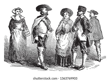 People wearing Costume of the Swedes,vintage line drawing or engraving illustration.