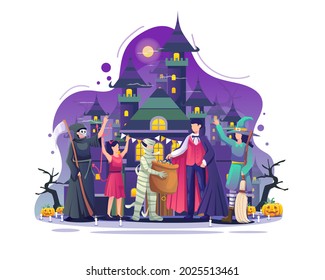 People wearing costumes celebrate Halloween night event in front of spooky castle Flat vector illustration