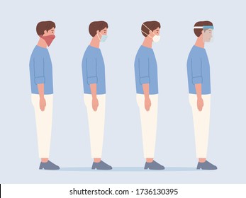 People wearing a different face mask to prevent virus and pollution. surgical mask, n95 mask, handkerchief, face shield. Illustration about kind of protective equipment for protect the Respiratory.