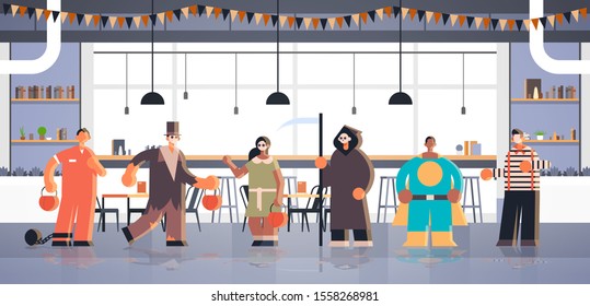 people wearing different monsters costumes tricks and treat happy halloween party celebration concept modern cafe interior full length horizontal vector illustration