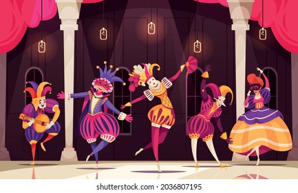 People wearing dresses and costumes of venetian jesters dancing and playing musical instrument at carnival in ball room cartoon vector illustration