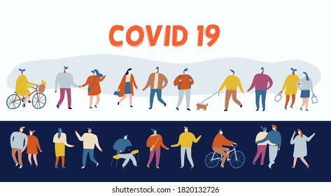 People and wearing Face Mask Fight Against Covid-19, Coronavirus Disease, Health Care. Flat Vector illustration. 
