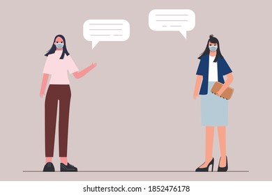 People wearing a face mask and keep distance when talking together.