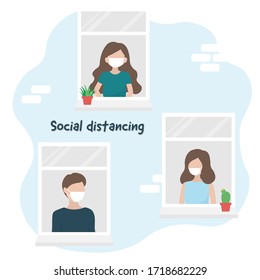 People wearing face mask to protect against Coronavirus pandemic or Covid-19. Stay home stay safe, social distancing campaign to control the spread of the virus. Flat style vector illustration.