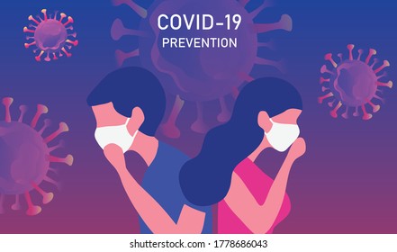 People wearing face mask to protect from Covid-19 coronavirus disease outbreak vector illustration. New normal covid-19 concept background