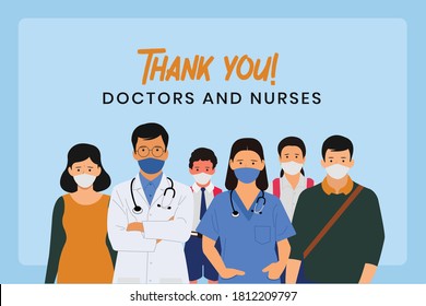 People wearing Face Mask and saying Thank you to Doctor and Nurces for Fight Against Covid-19, Health Care and Safety