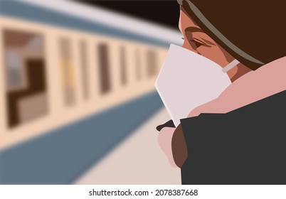 People wearing face mask at subway station with blurred train in the background. Safety health care at public area