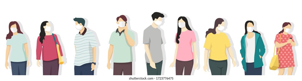 People are wearing face mask for virus protection, air pollution, contaminated air, world pollution. Modern flat vector illustration.