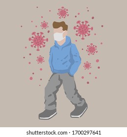 People wearing face mask walking with corona virus all around