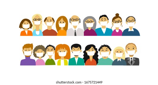 People wearing face masks, air pollution, contaminated air, world pollution. Group of business people wearing medical masks to prevent disease, flu, gas mask. Vector illustration