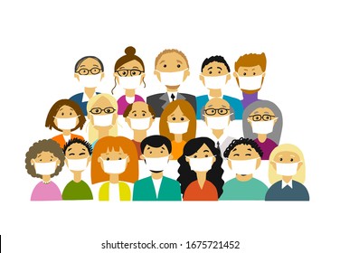 People wearing face masks, air pollution, contaminated air, world pollution. Group of business people wearing medical masks to prevent disease, flu, gas mask. Vector illustration