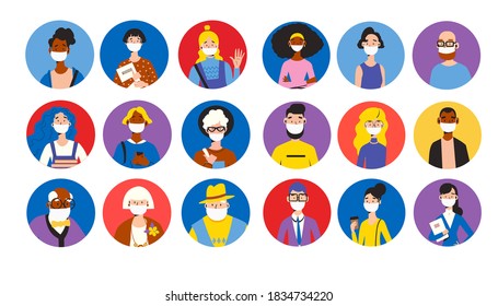 People wearing face masks big collection of avatars. Bright people wearing medical masks to prevent disease, flu, gas mask. Flat color trends vector illustration. 