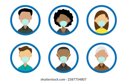 People wearing face masks cartoon icon set. Flat style vector icons isolated on a white background