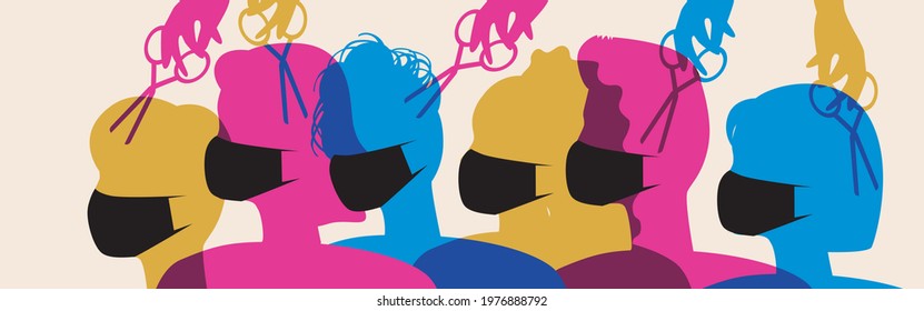 People wearing face masks, hair cutting during covid lockdown. Silhouette vector stock illustration. Protection from the virus in the hairdresser. The work of a hairdressing salon. Color illustration