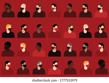 People wearing face masks on a dark red background