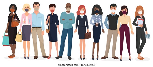 People wearing face masks to prevent disease. Coronavirus in China, Europe and USA. Novel coronavirus 2019-nCoV, COVID-19, SARS-CoV-2. Man and woman medical face mask protection vector illustration.