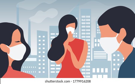 People wearing face masks to protect from smoke. PM 2.5, Dust and air pollution from city factory industrial smog from smokestacks in background. Air pollution vector illustration background concept