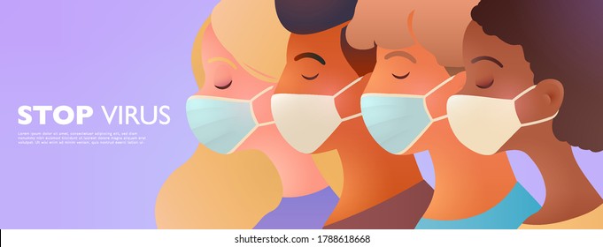 People wearing face masks protecting themselves. Stop virus concept illustration. Vector design banner template.
