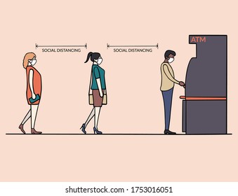People wearing face masks queue to use ATM and maintain social distancing to protect and prevent covid-19 coronavirus