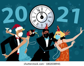 People wearing face masks and retro fashion celebrating upcoming 2021 at the new year party, EPS8 vector illustration