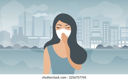 People wearing face masks tor protect P.M. 2.5 smoke, dust and air pollution in city, factory pipes and industrial smog vector illustration. Environment and air pollution concept background
