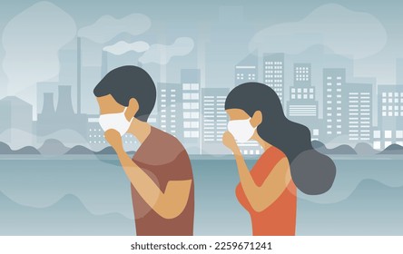 People wearing face masks tor protect smoke, pm 2.5, dust and air pollution in city, factory pipes and industrial smog vector illustration. Environment and air pollution concept background