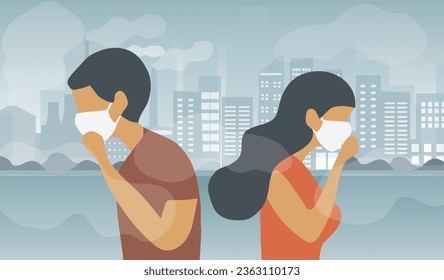 People wearing face masks tor protect smoke, pm 2.5, dust and air pollution in city, factory pipes and industrial smog vector illustration. Environment and air pollution concept background