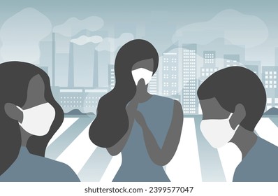 People wearing face masks tor protect smoke, pm 2.5, dust and air pollution in city, factory pipes and industrial smog vector illustration. Environment and air pollution concept background
