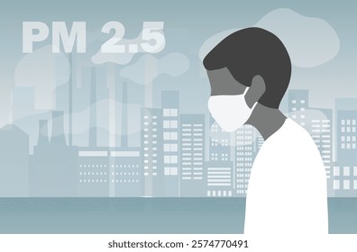 
People wearing face masks tor protect smoke, pm 2.5, dust and air pollution in city, factory pipes and industrial smog vector illustration. Environment and air pollution concept background