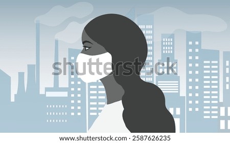 People wearing face masks tor protect smoke, pm 2.5, dust and air pollution in city, factory pipes and industrial smog vector illustration. Environment and air pollution concept background