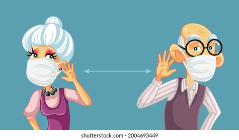 People Wearing Face Masks Unable to Hear Each Other Talk. Senior man and woman having difficulties in communicating and understanding each other. 
