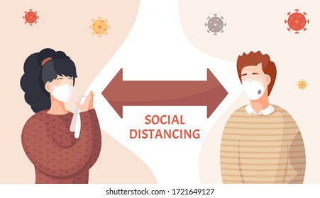 People wearing face medical masks and adhere to social distance. Viral pandemia. People in protective masks. Social distancing. Coronavirus 2019-ncov flu. Respiratory protection virus pandemia