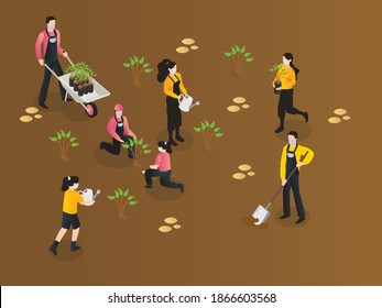 People wearing facemask planting trees during pandemic isometric 3d flat vector concept for banner, website, illustration, landing page, flyer, etc