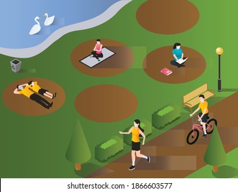 People wearing facemask relaxing at park during pandemic isometric 3d flat vector concept for banner, website, illustration, landing page, flyer, etc