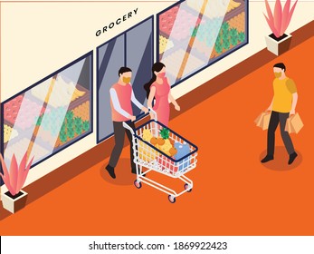 People Wearing Facemask Shopping Groceries Isometric 3d Vector Concept For Banner, Website, Illustration, Landing Page, Flyer, Etc.