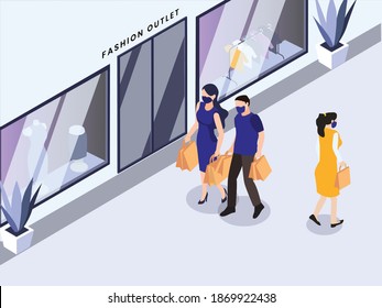 People Wearing Facemask Shopping Isometric 3d Vector Concept For Banner, Website, Illustration, Landing Page, Flyer, Etc.