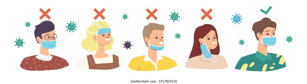 People Wearing Facemask Wrong and Correct Way. How to Wear Protective Facial Mask Infographics. Male and Female Characters Protecting of Dust or Coronavirus Cells Outside. Cartoon Vector Illustration