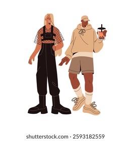 People wearing fashion clothes outdoors. Couple in trendy outfits with bubble tea walks together. Stylish friends with drink stroll in summer. Flat isolated vector illustration on white background