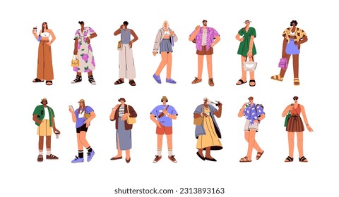 People wearing fashion outfits, casual summer clothes. Young stylish men, women standing in trendy apparels, modern dresses, shorts. Flat graphic vector illustrations set isolated on white background