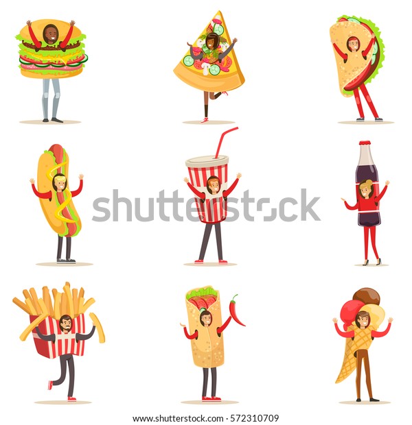 People Wearing Fast Food Snacks\
Costumes Disguised As Cafe Menu Items Set Of Cartoon\
Characters