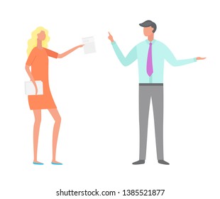 People wearing formal clothes vector, boss and staff. Woman and man talking about business, lady holding documentation and reports on work tasks flat style