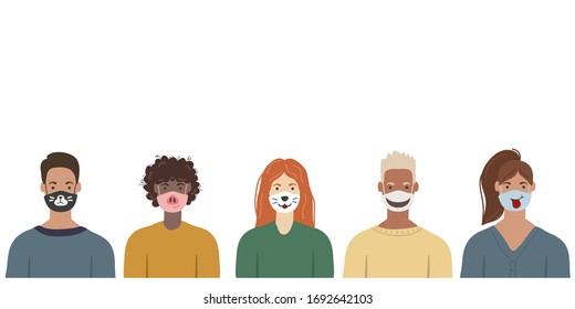 People wearing funny medical face masks to prevent disease, flu, air pollution. Trendy vector illustration in flat cartoon style. 