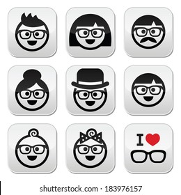 People wearing glasses, geeks buttons set