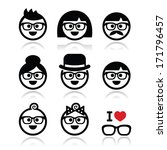 People wearing glasses, geeks icons set