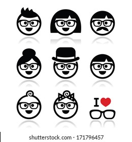 People wearing glasses, geeks icons set