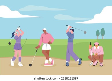 People wearing golf jerseys and holding clubs are posing for a swing. flat vector illustration.