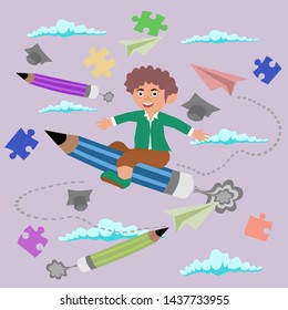 People wearing graduate hats Riding a pencil,floating on a cloud,endless educational concepts