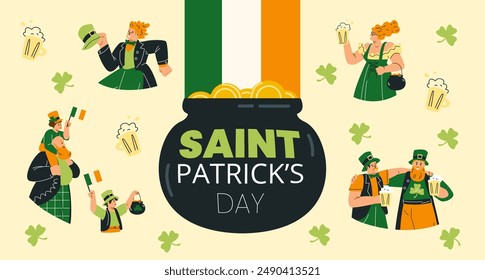 People wearing green traditional Irish costume celebrating Saint Patrick's day holiday. Leprechaun symbols, mug of beer, pot of golden coins, shamrock clover leaf and flags. Vector flat banner