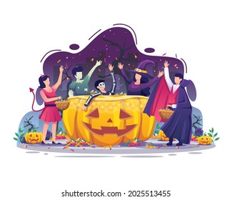 People wearing Halloween costumes are collecting candy on Halloween night Flat vector illustration